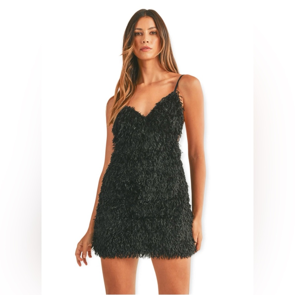Mable Feather Mini Dress- Black- Size Small